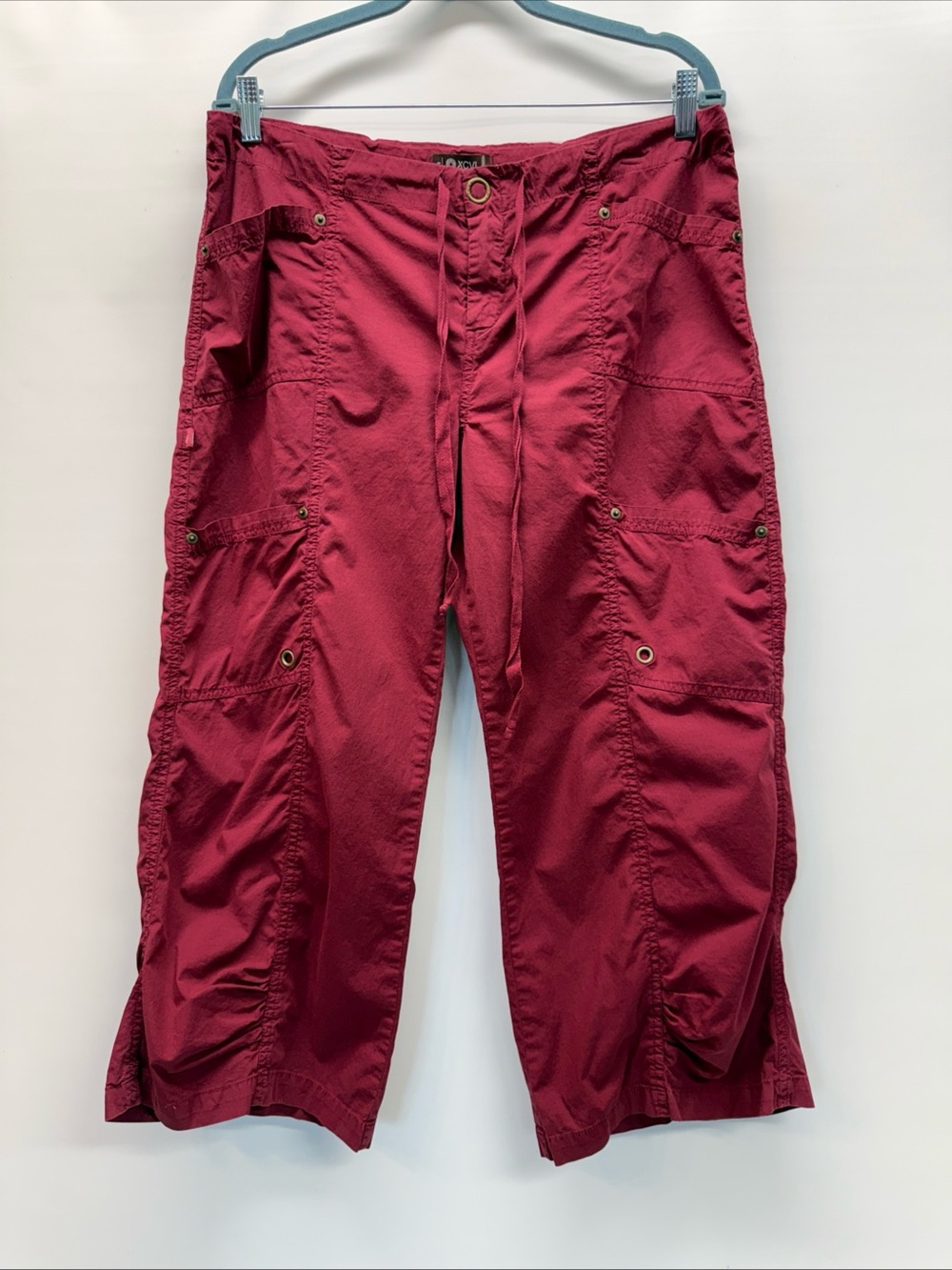 XCVI Wide Leg Crop Pants Red/Cherry Cargo Pockets Drawstring Waist Sz L